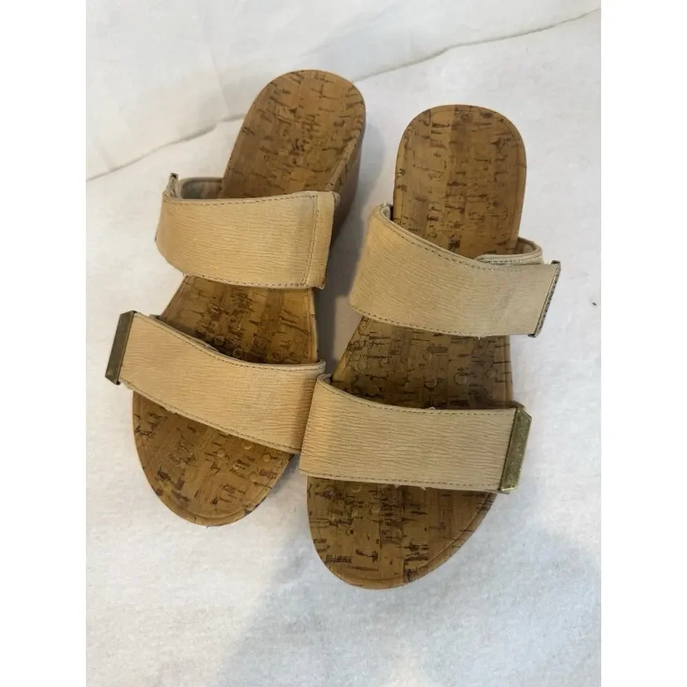 Vionic Pepper Womens Size 8 Wedge‎ Sandals Beige Leather Adjustable Strap